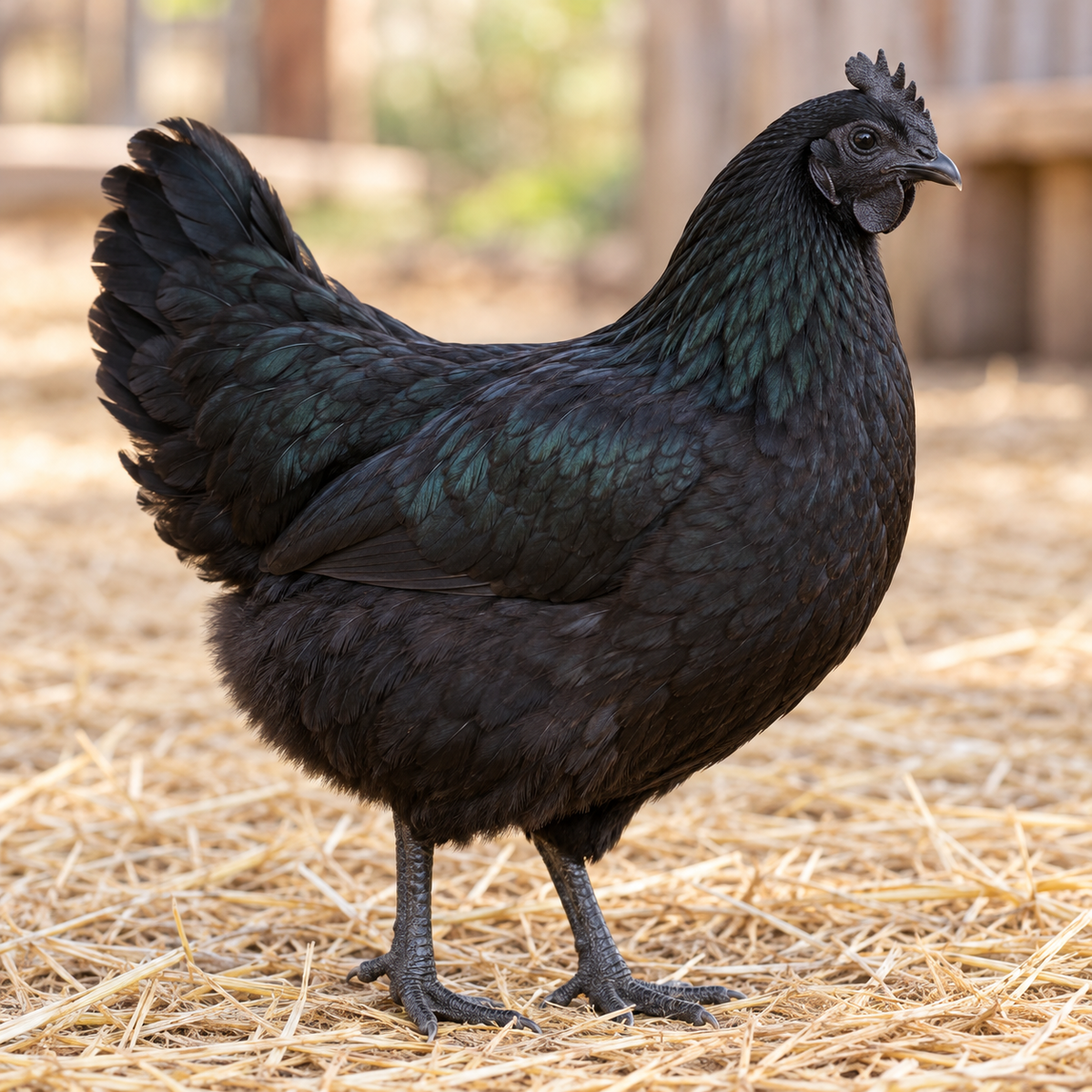 All-black Ayam Cemani hen with black comb and legs on straw