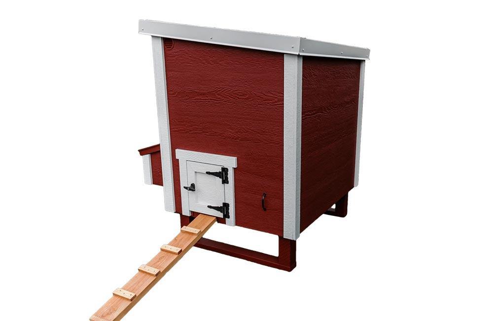 Red medium chicken coop with white trim, back view with chicken pop door