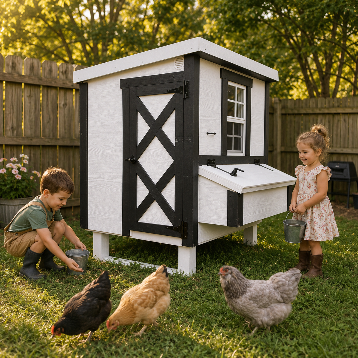 White farmhouse-style medium chicken coop, with children in the backyard
