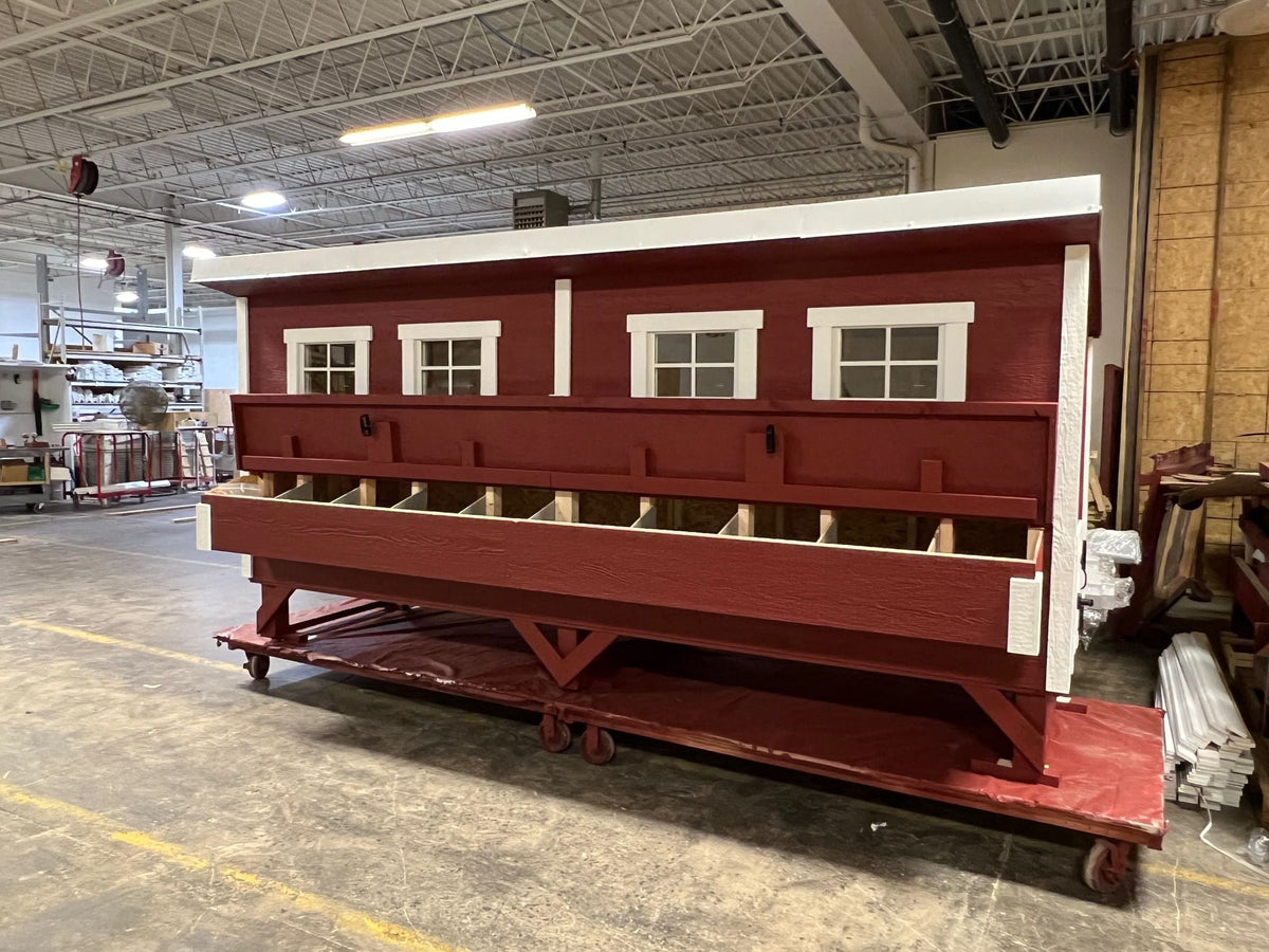 Jumbo red chicken coop with windows and nesting boxes