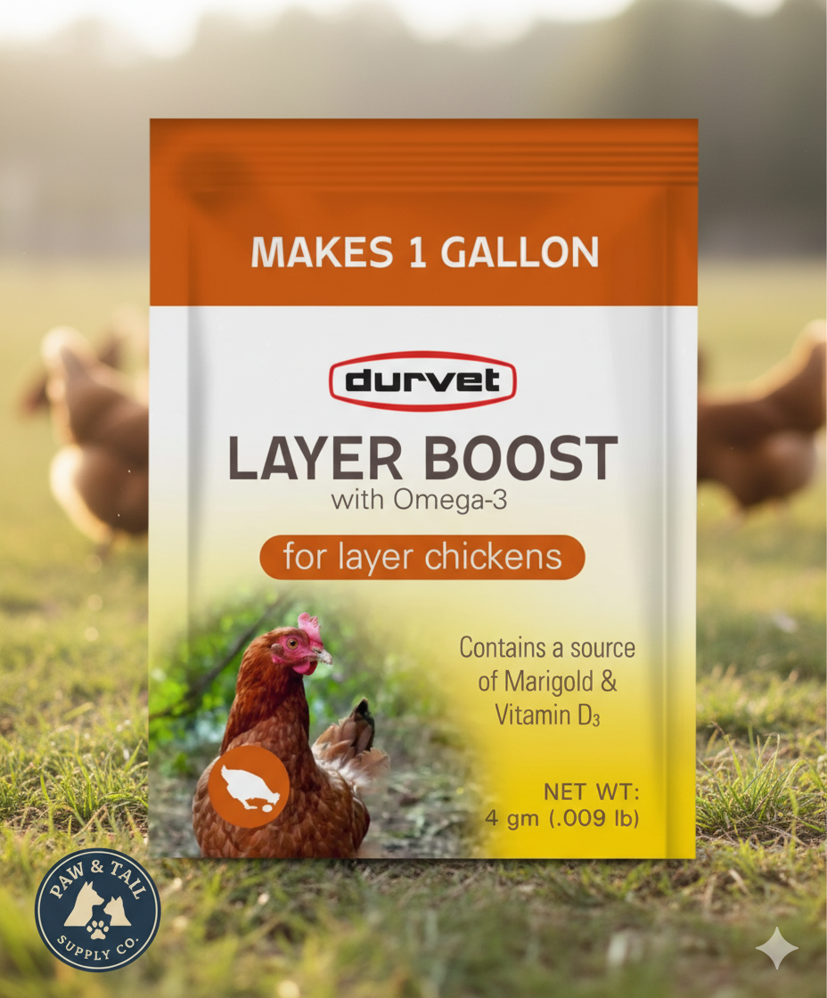 Durvet Layer Boost packet on the grass with a hen
