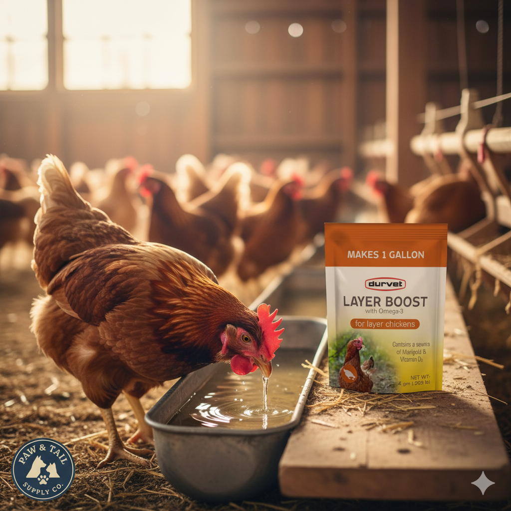Hen drinking from a waterer next to a Durvet Layer Boost packet