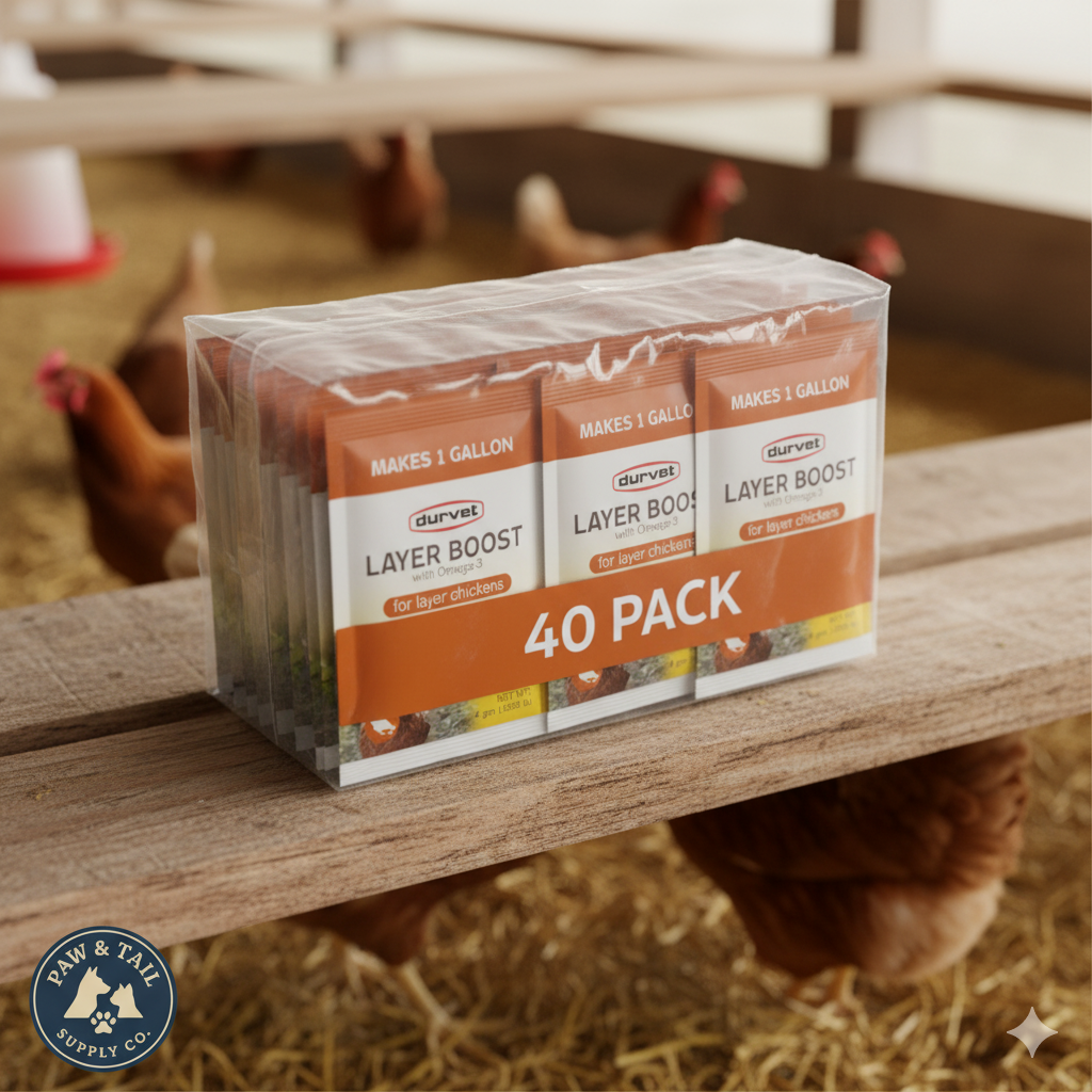 Durvet Layer Boost 40-pack in a barn with laying hens