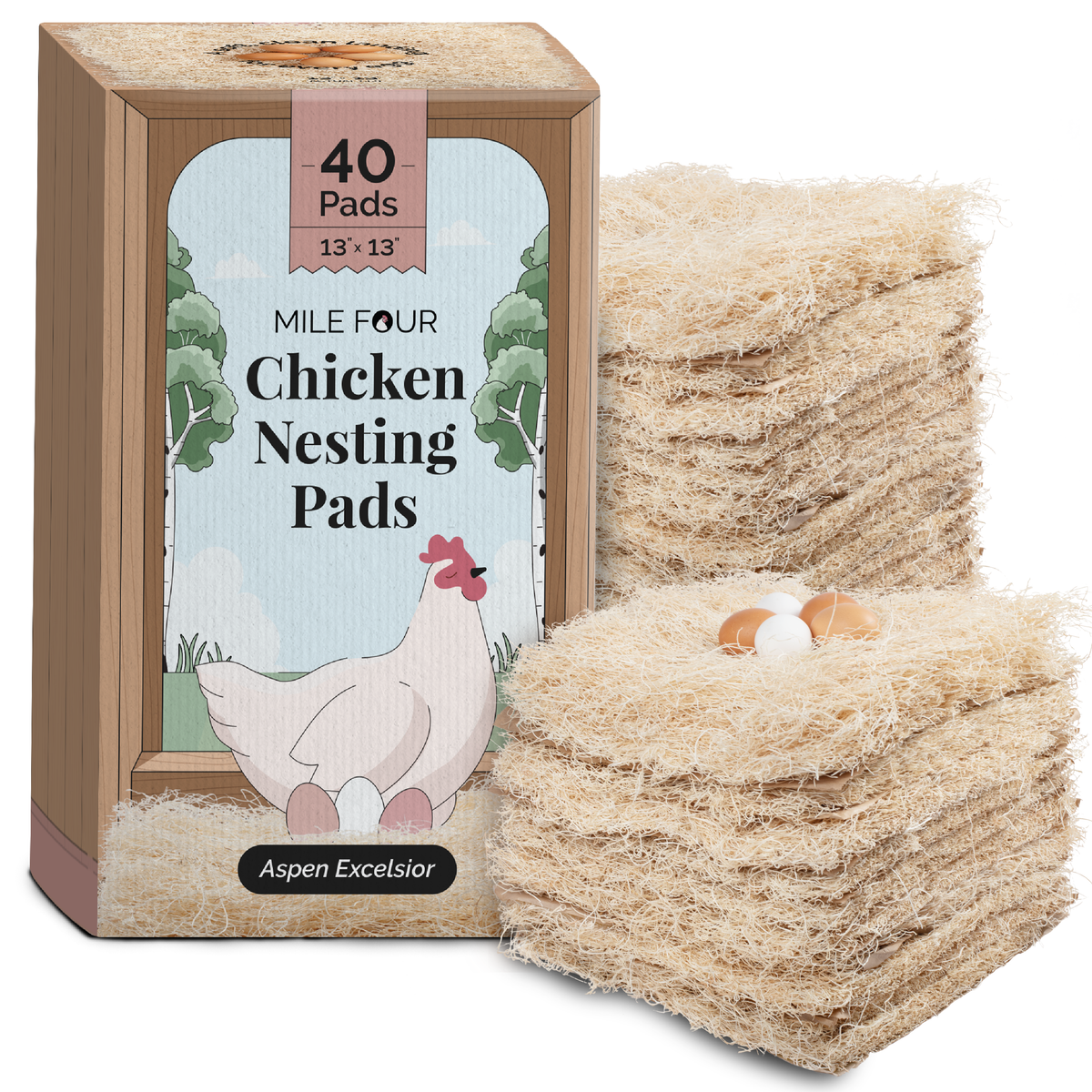 Mile Four chicken nesting pads, 40-pack, aspen excelsior