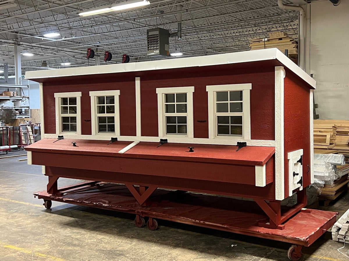 jumbo chicken coop with external nesting boxes in the workshop