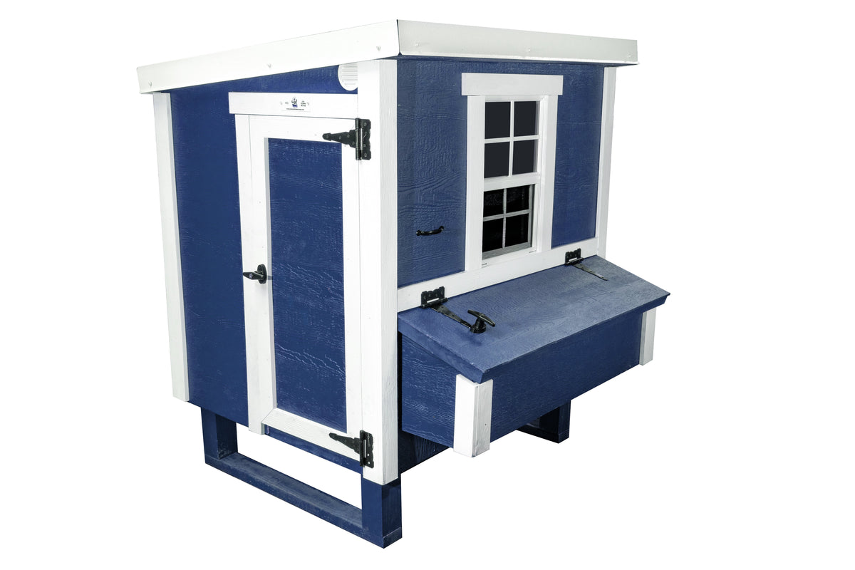 Blue medium chicken coop with white trim, with people door and nesting box