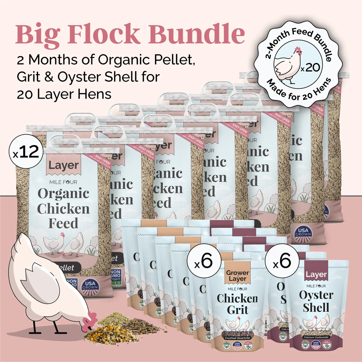 Big Flock Bundle | 2 Months of Organic Feed, Grit & Oyster Shell for 20 Layer Hens