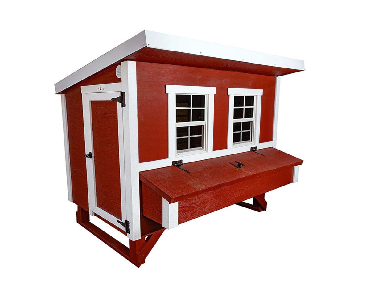 Red large chicken coop with white trim, angled view with nesting boxes