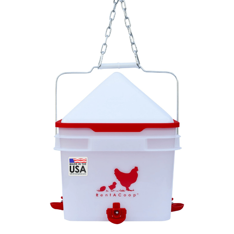 RentACoop 2 gallon bucket chicken waterer with 4 horizontal nipples and hanging chain