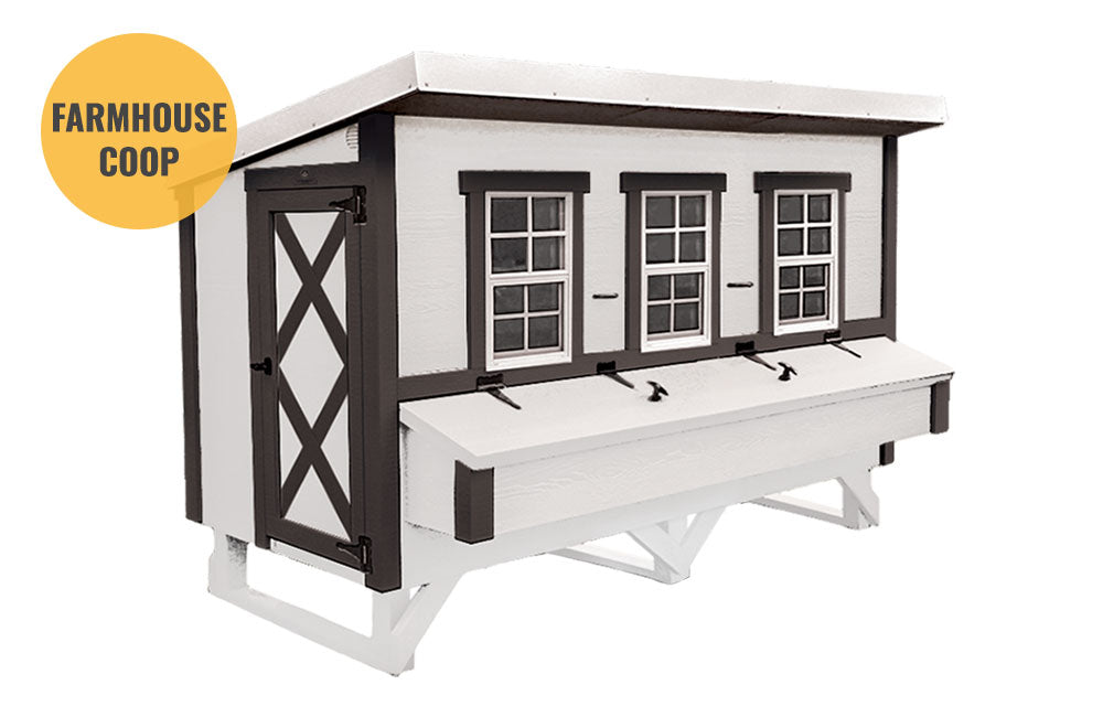 White farmhouse-style XL chicken coop, front view with nesting boxes