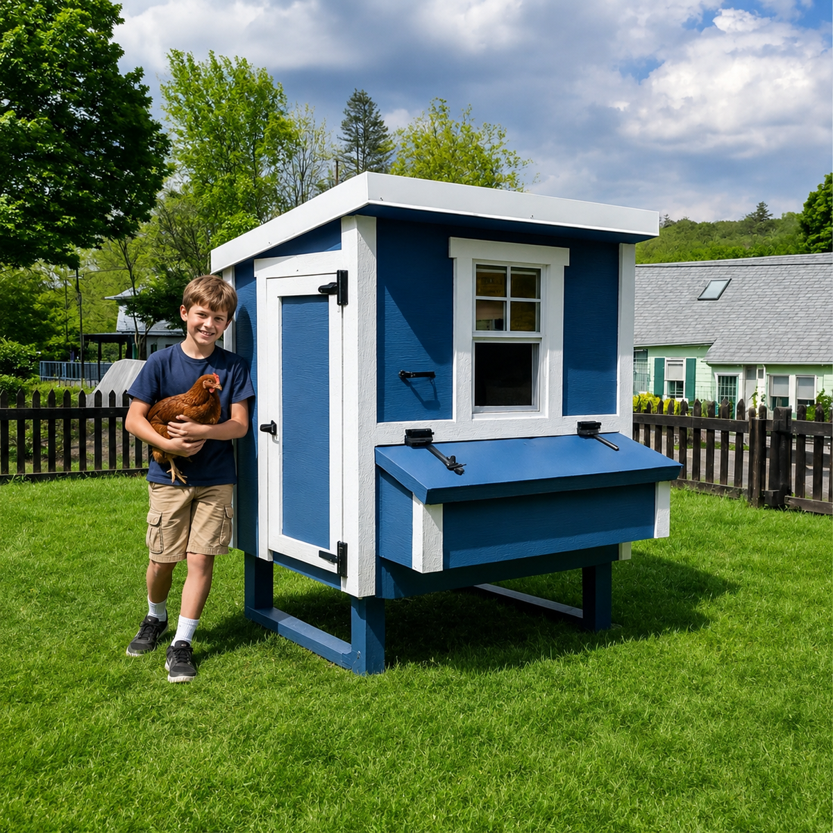 Blue medium chicken coop with white trim, with a boy and chickens in the yard