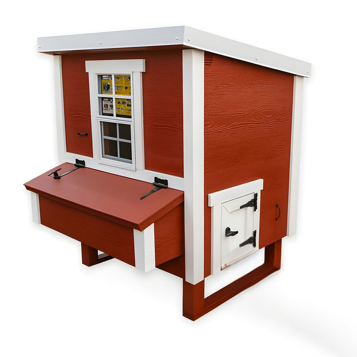 Red medium chicken coop with white trim, side view with external nesting box