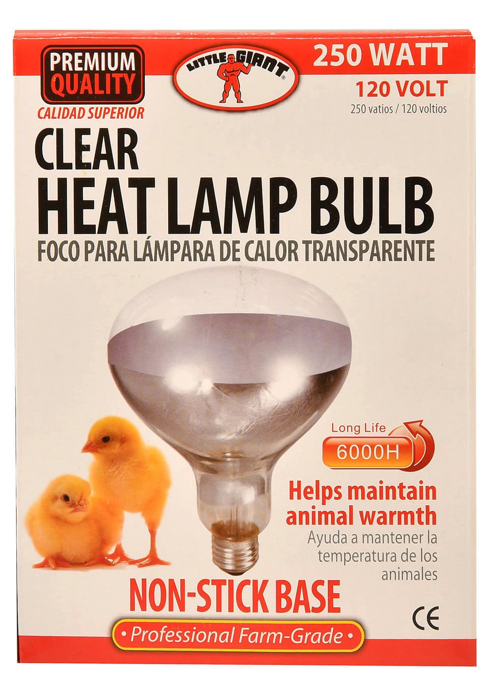 Clear 250 watt non-stick heat lamp bulb packaging