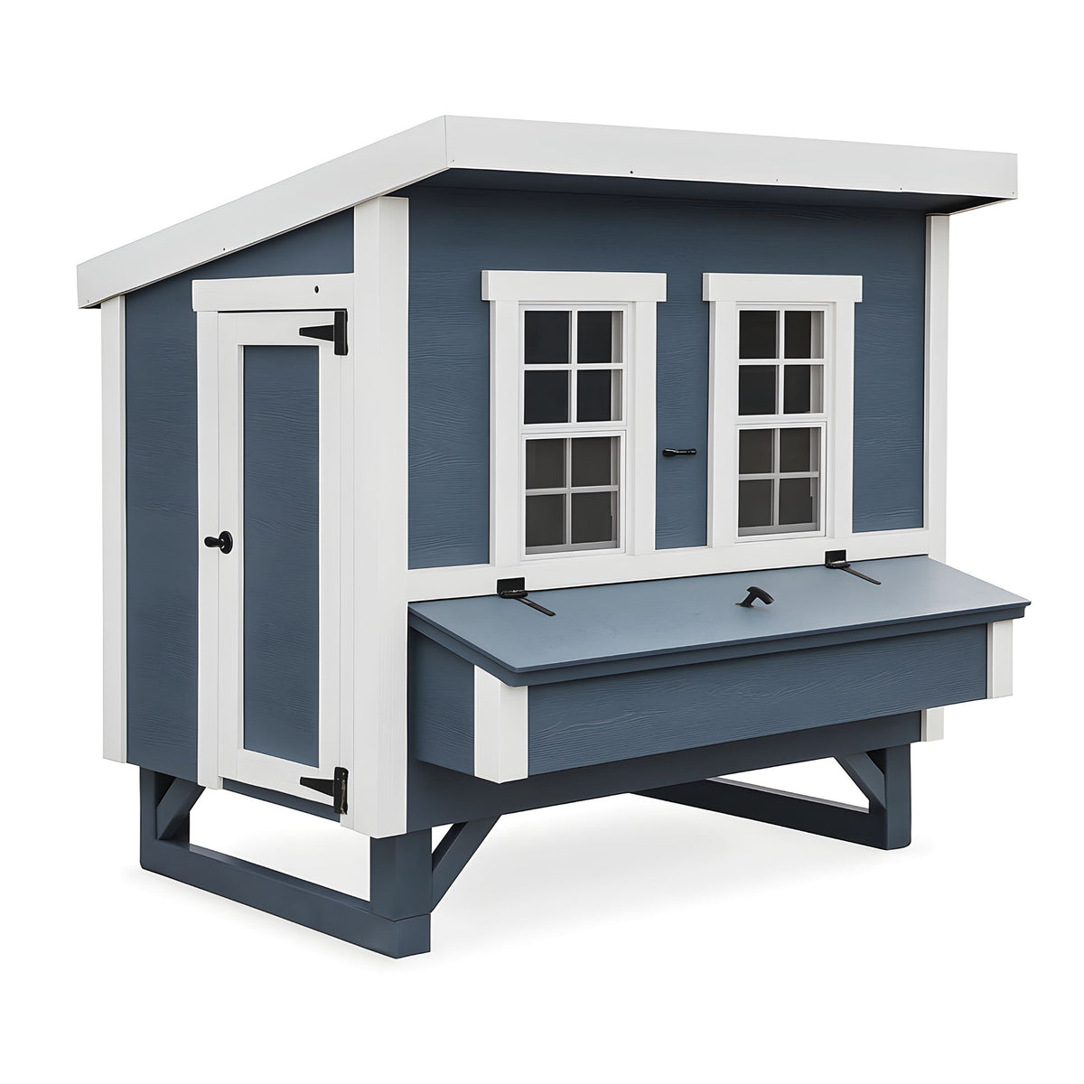 Blue large chicken coop with white trim, angled view with nesting boxes