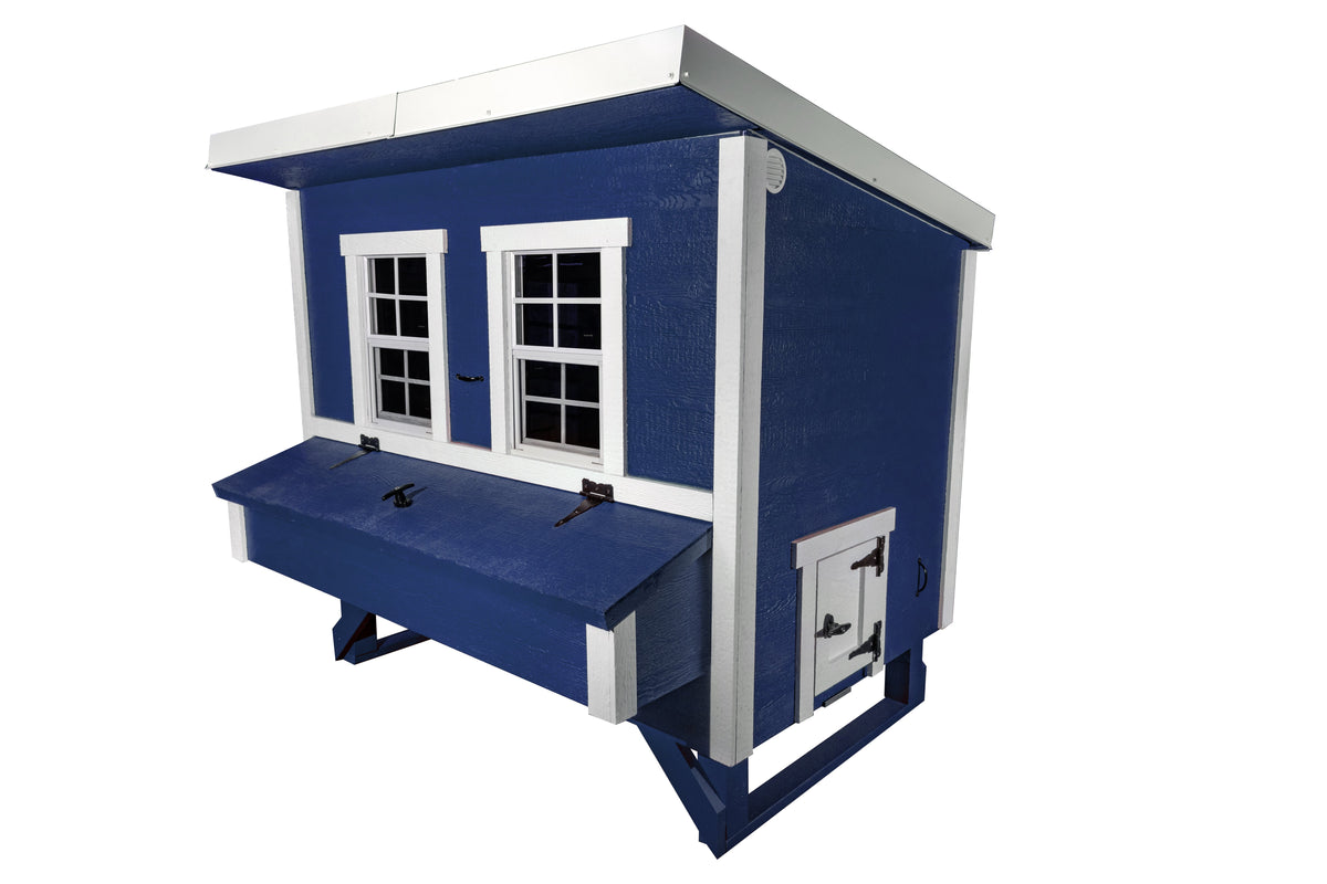 Blue large chicken coop with white trim, angled view with nesting boxes