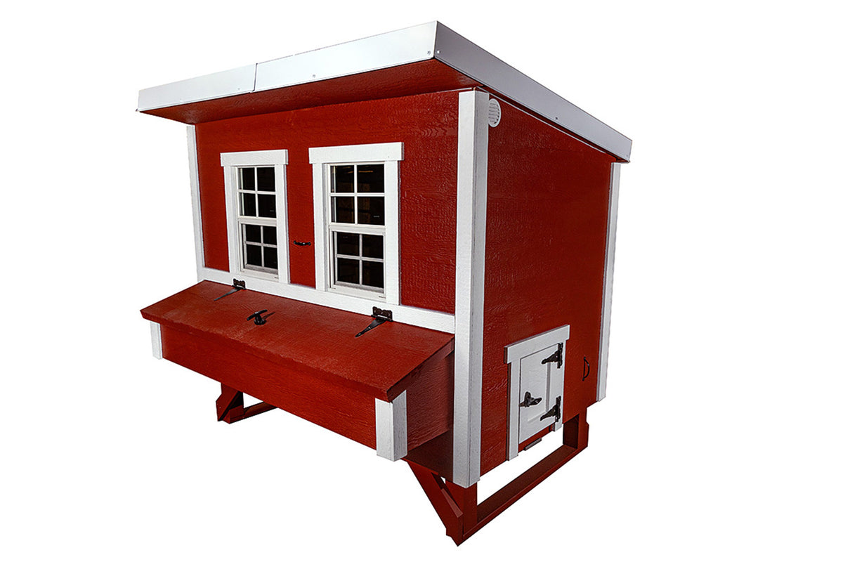 Red large chicken coop with white trim, side view with external nesting box