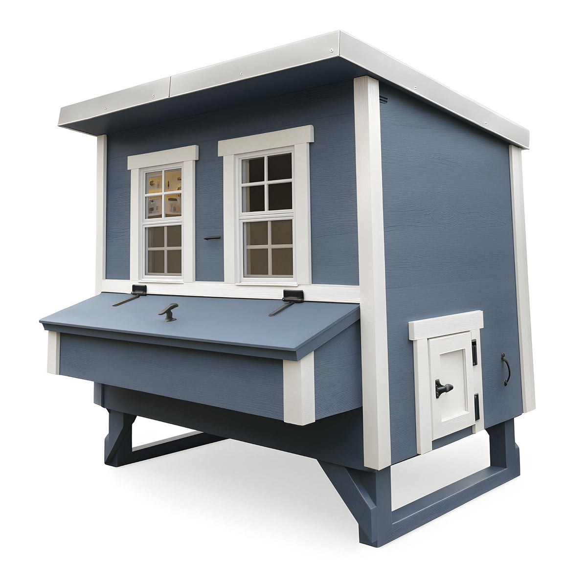 Blue large chicken coop with white trim, side view with external nesting box