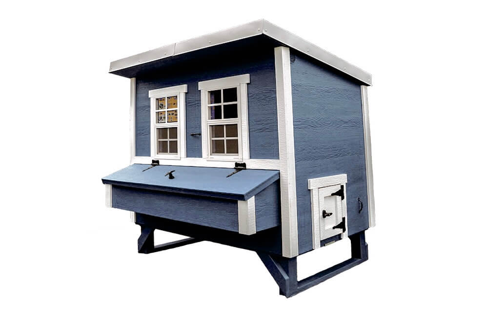 Blue large chicken coop with white trim, angled view with nesting boxes