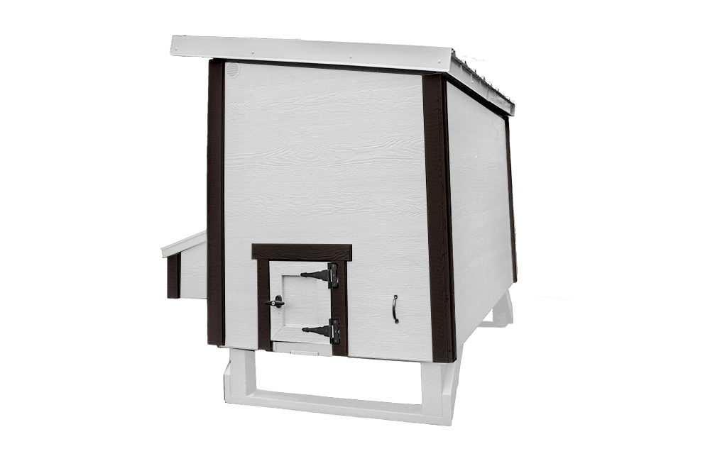 White farmhouse-style large chicken coop, back view with chicken pop door