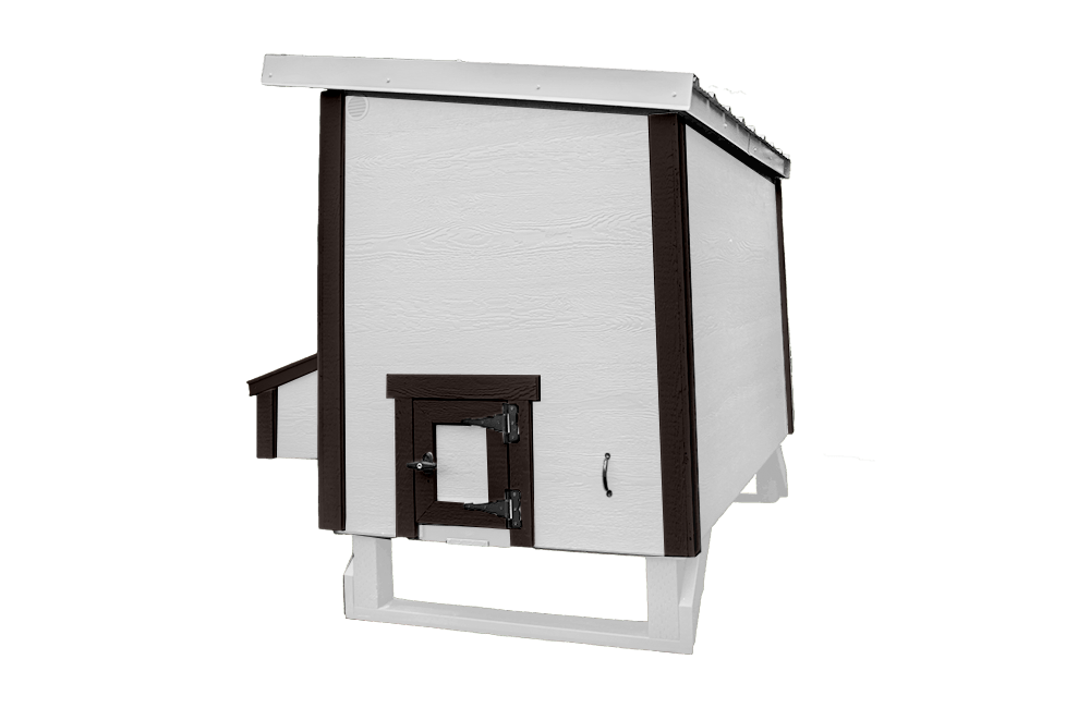 White farmhouse-style large chicken coop, back view with chicken pop door