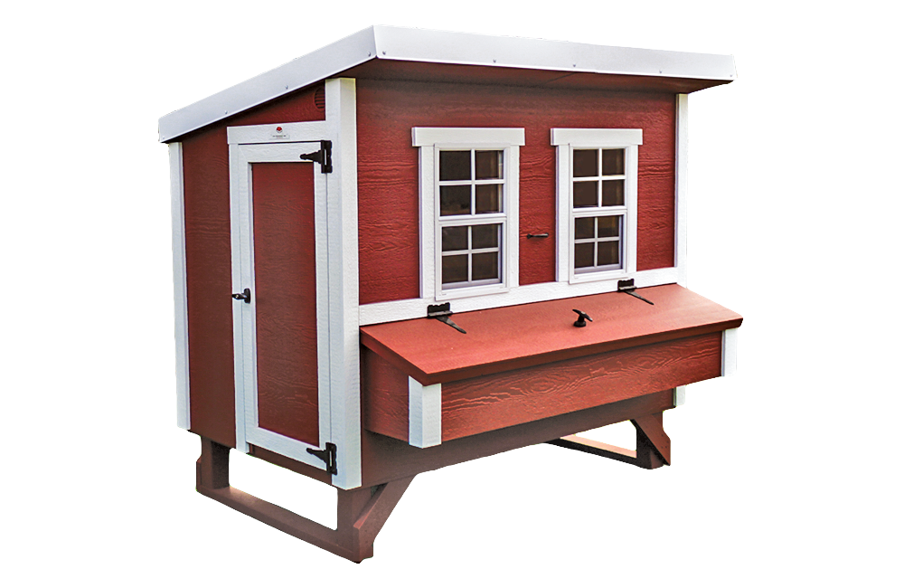 Red large chicken coop with white trim, angled view with nesting boxes