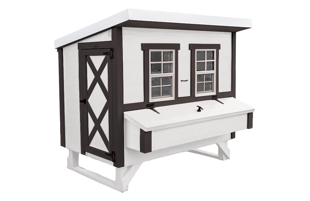 White farmhouse-style large chicken coop, angled view with nesting boxes