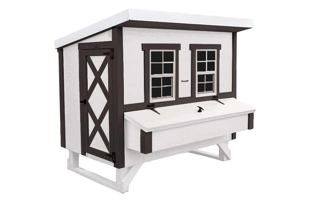 White farmhouse-style large chicken coop, angled view with nesting boxes