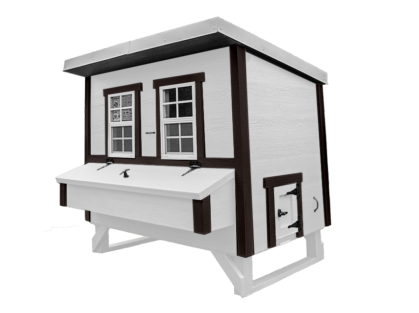 White farmhouse-style large chicken coop, angled view with nesting boxes