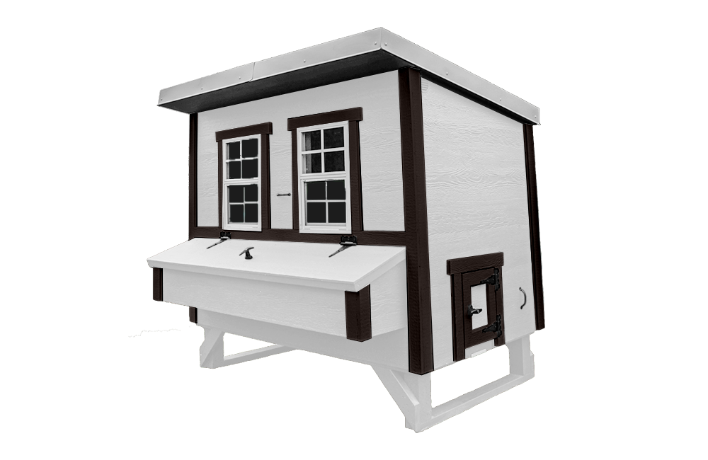 White farmhouse-style large chicken coop, side view with external nesting box