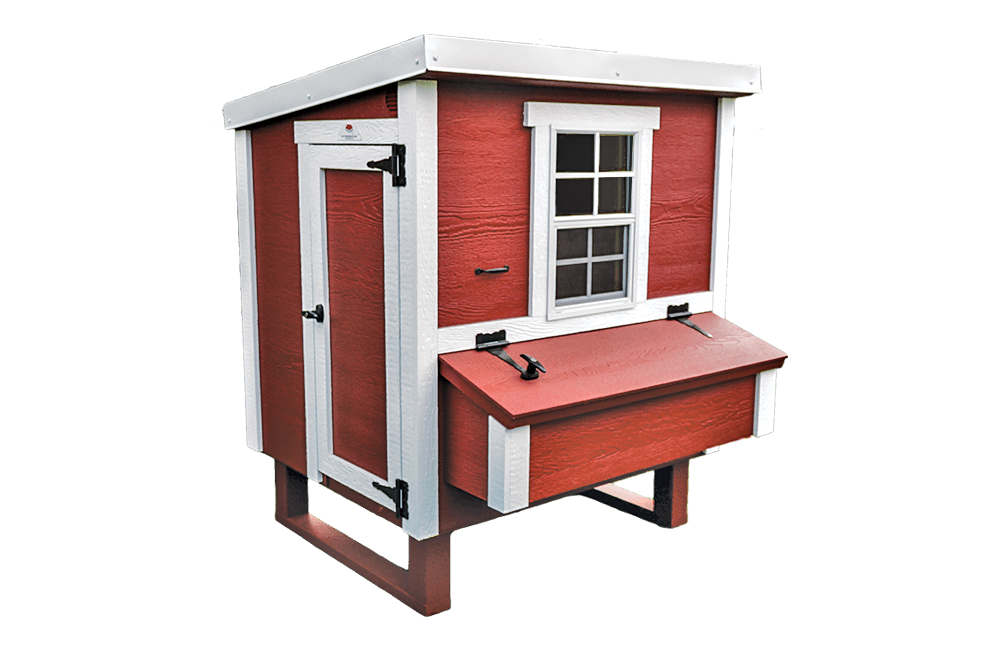 Red medium chicken coop with white trim, angled view with nesting boxes