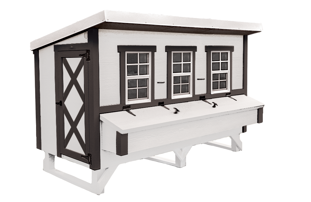 White farmhouse-style XL chicken coop, front view with nesting boxes
