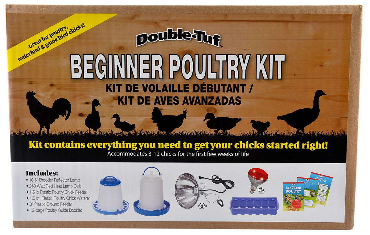 Double-Tuf Beginner Poultry Kit box with feeder, waterer and supplies shown