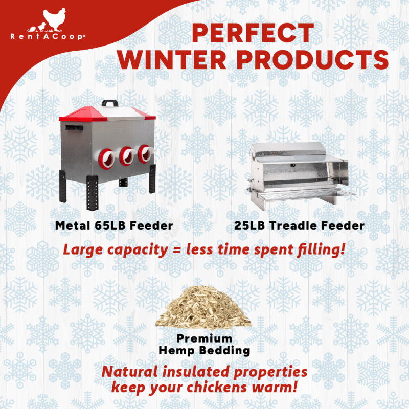 RentACoop winter products: 65 lb metal feeder, treadle feeder and hemp bedding