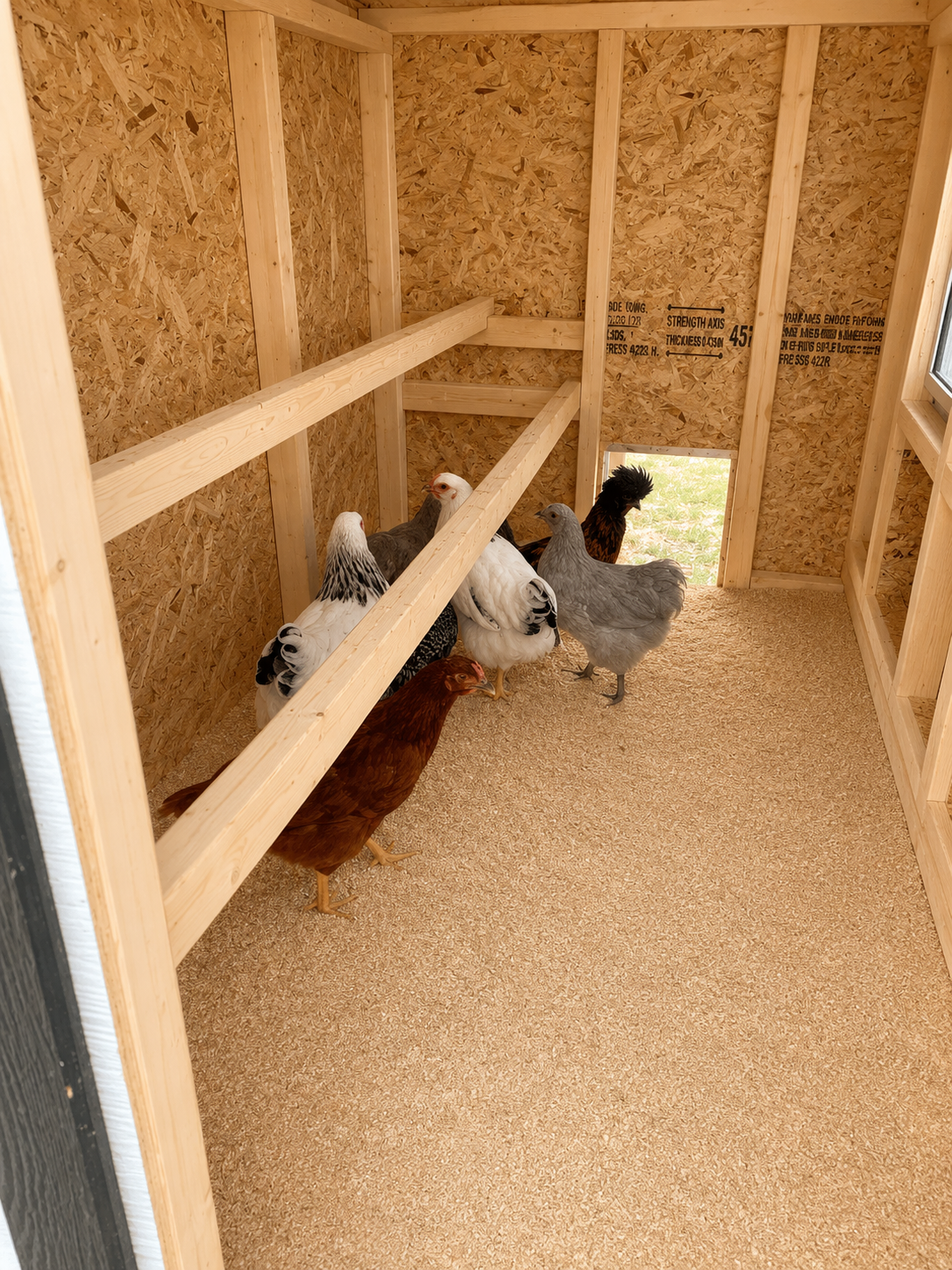 Hens roosting inside the large chicken coop