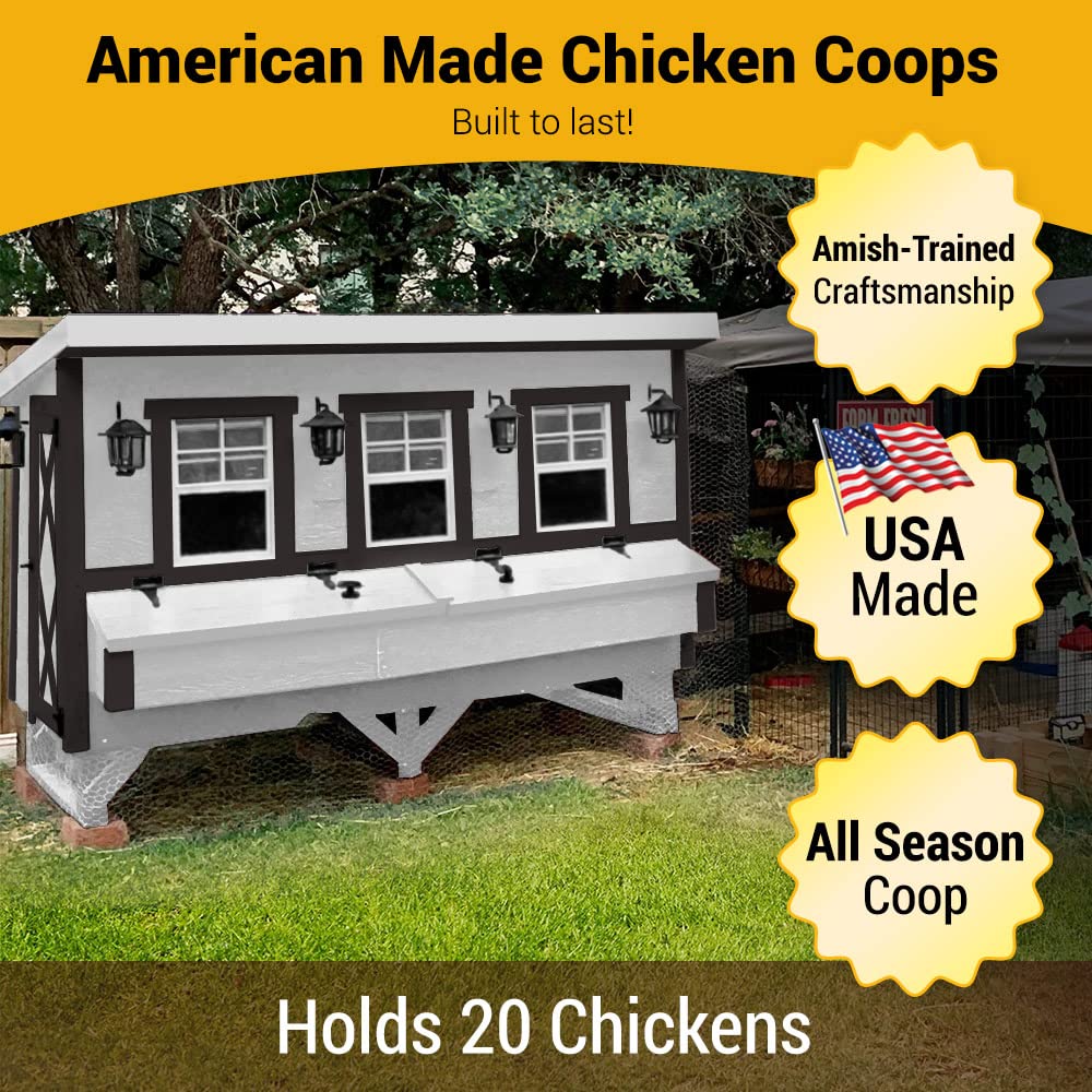 White farmhouse-style XL chicken coop, American made, holds 20 chickens
