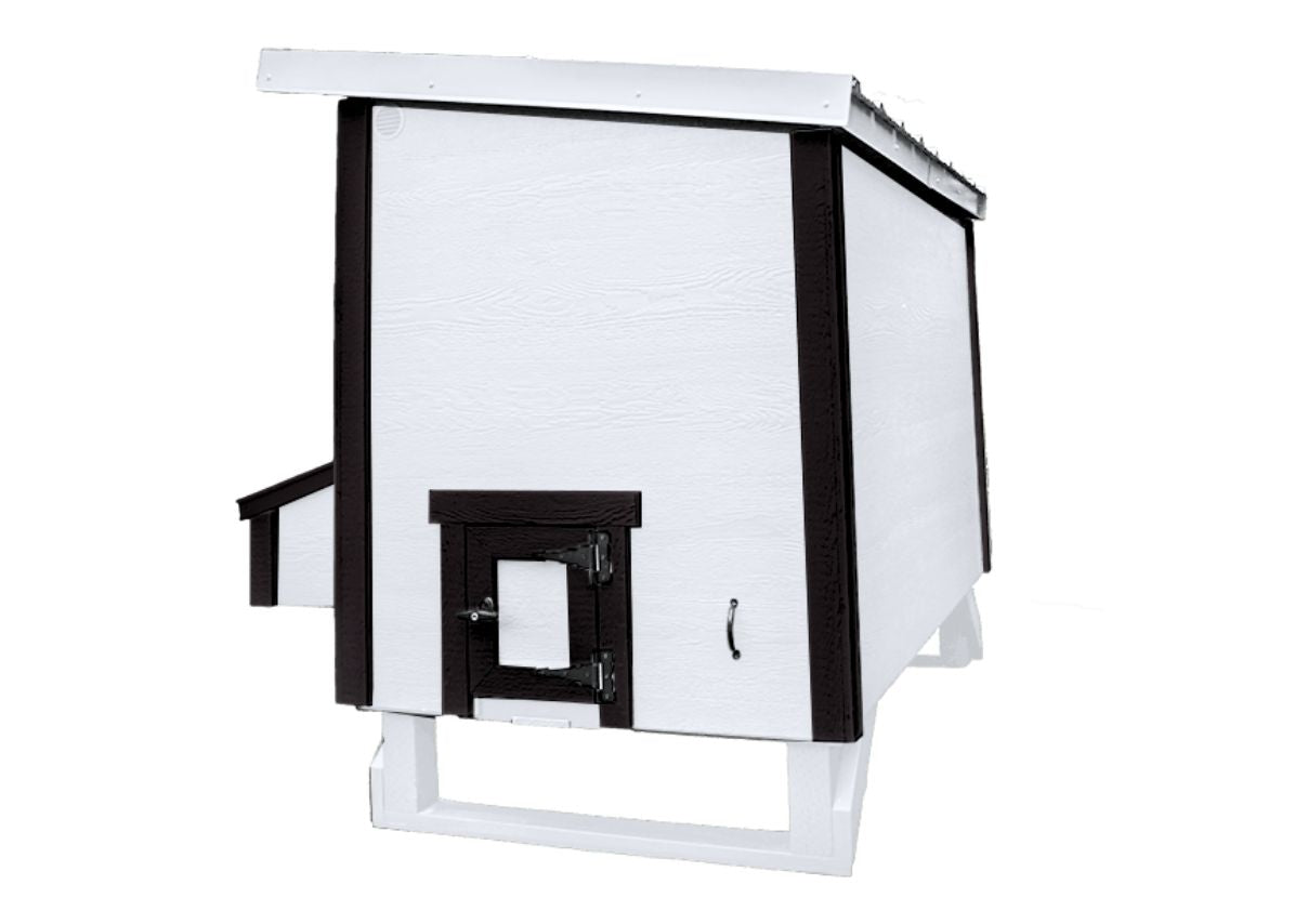 White farmhouse-style large chicken coop, back view with chicken pop door