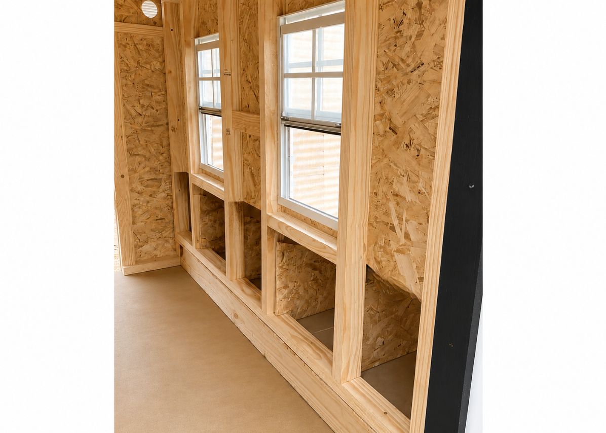 Inside the large chicken coop showing the nesting box openings