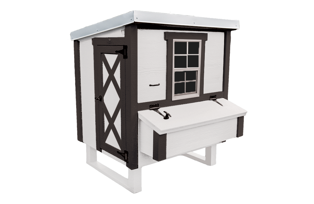 White farmhouse-style medium chicken coop, angled view with nesting boxes