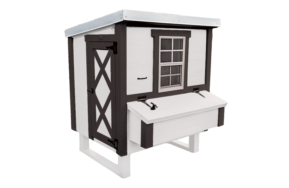 White farmhouse-style medium chicken coop, angled view with nesting boxes