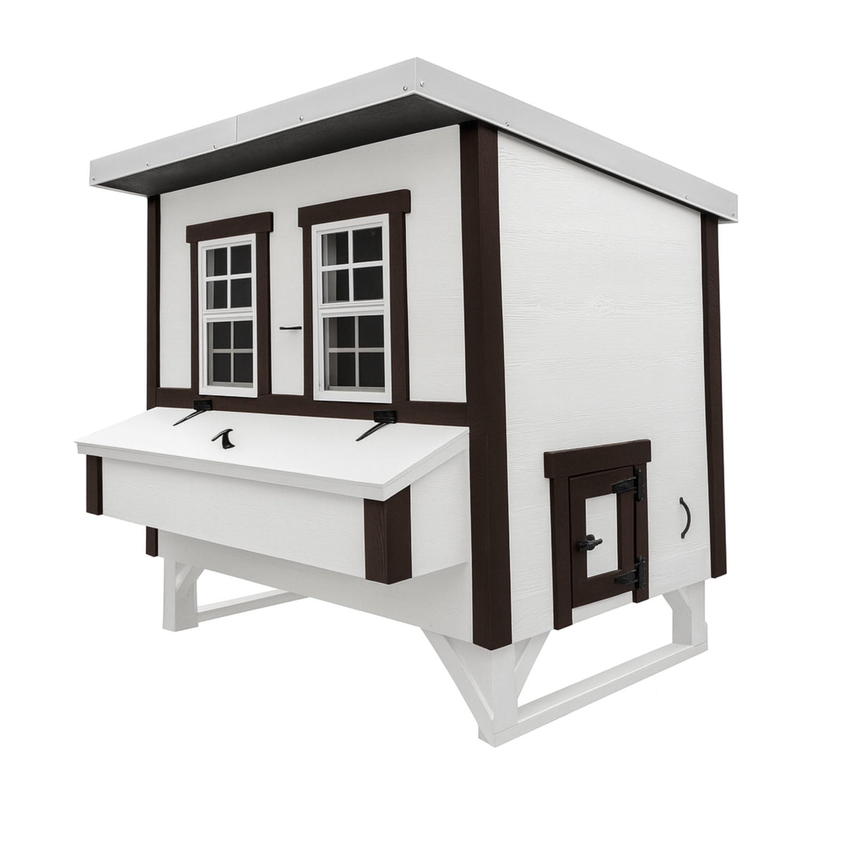 White farmhouse-style large chicken coop, side view with external nesting box