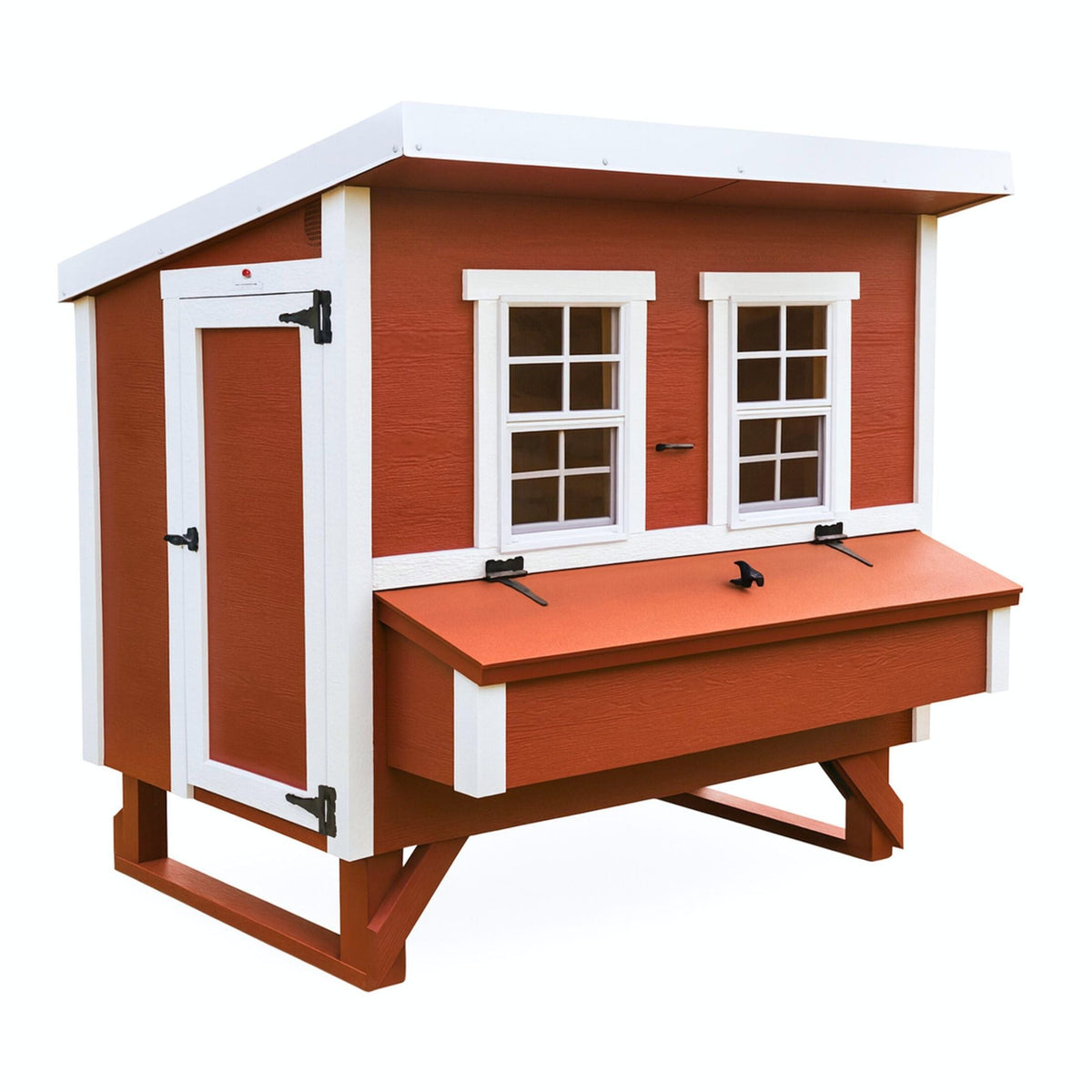 Red large chicken coop with white trim, with people door and nesting box