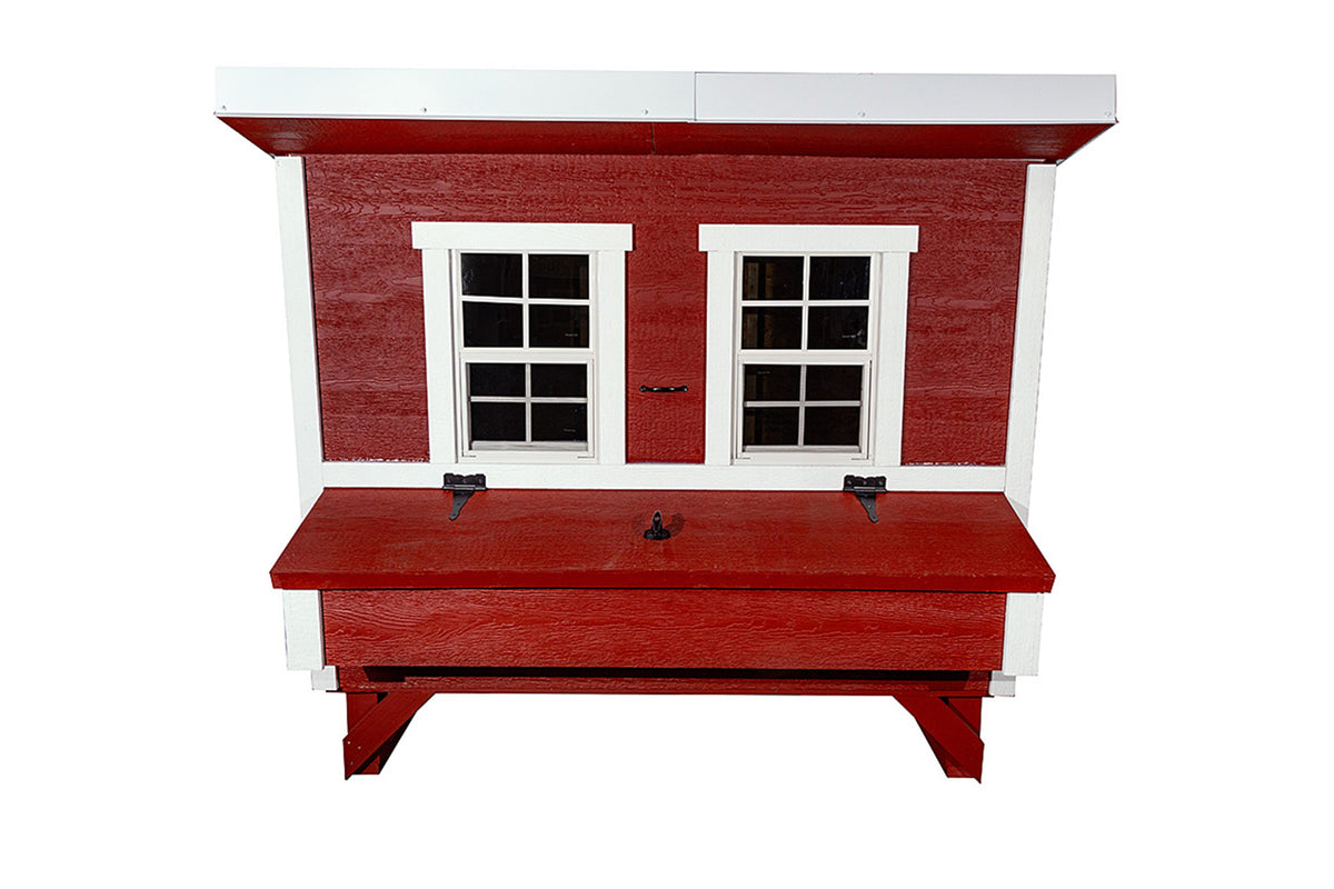 Red large chicken coop with white trim, front view with nesting boxes