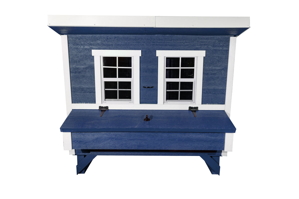 Blue large chicken coop with white trim, front view with nesting boxes