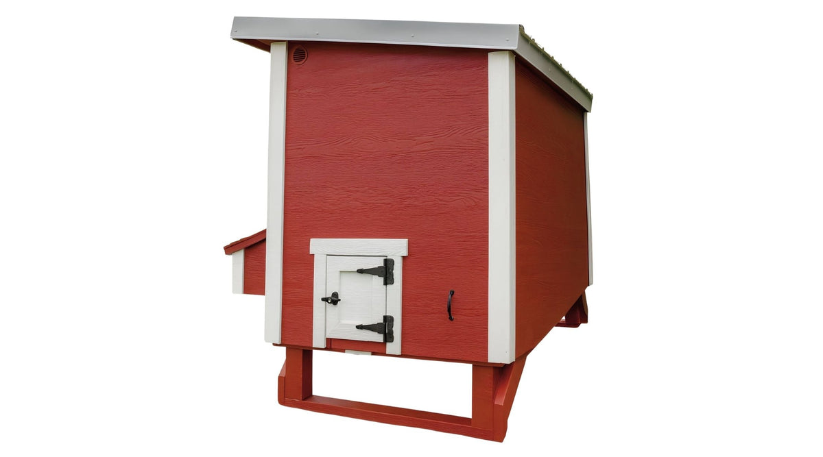 Red large chicken coop with white trim, back view with chicken pop door