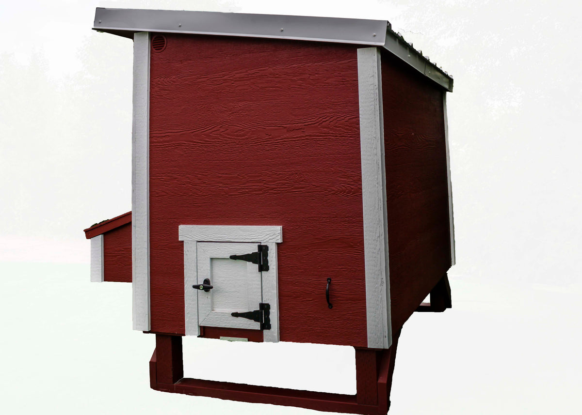 Red large chicken coop with white trim, back view with chicken pop door