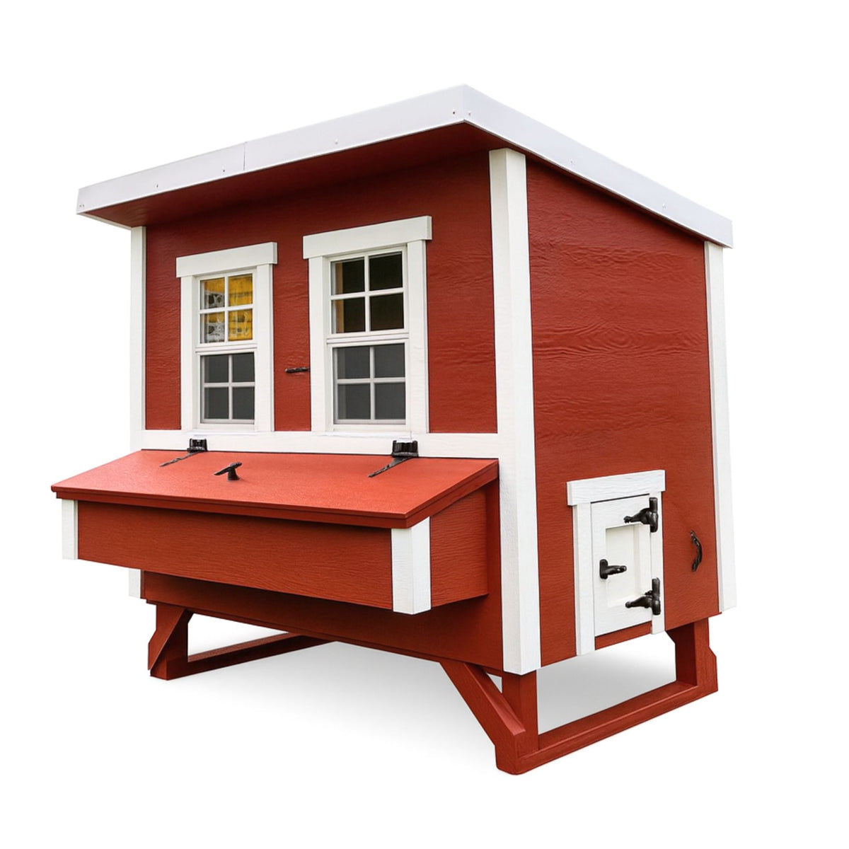 Red large chicken coop with white trim, side view with external nesting box