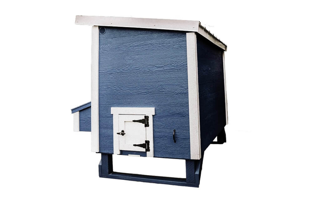 Blue large chicken coop with white trim, back view with chicken pop door