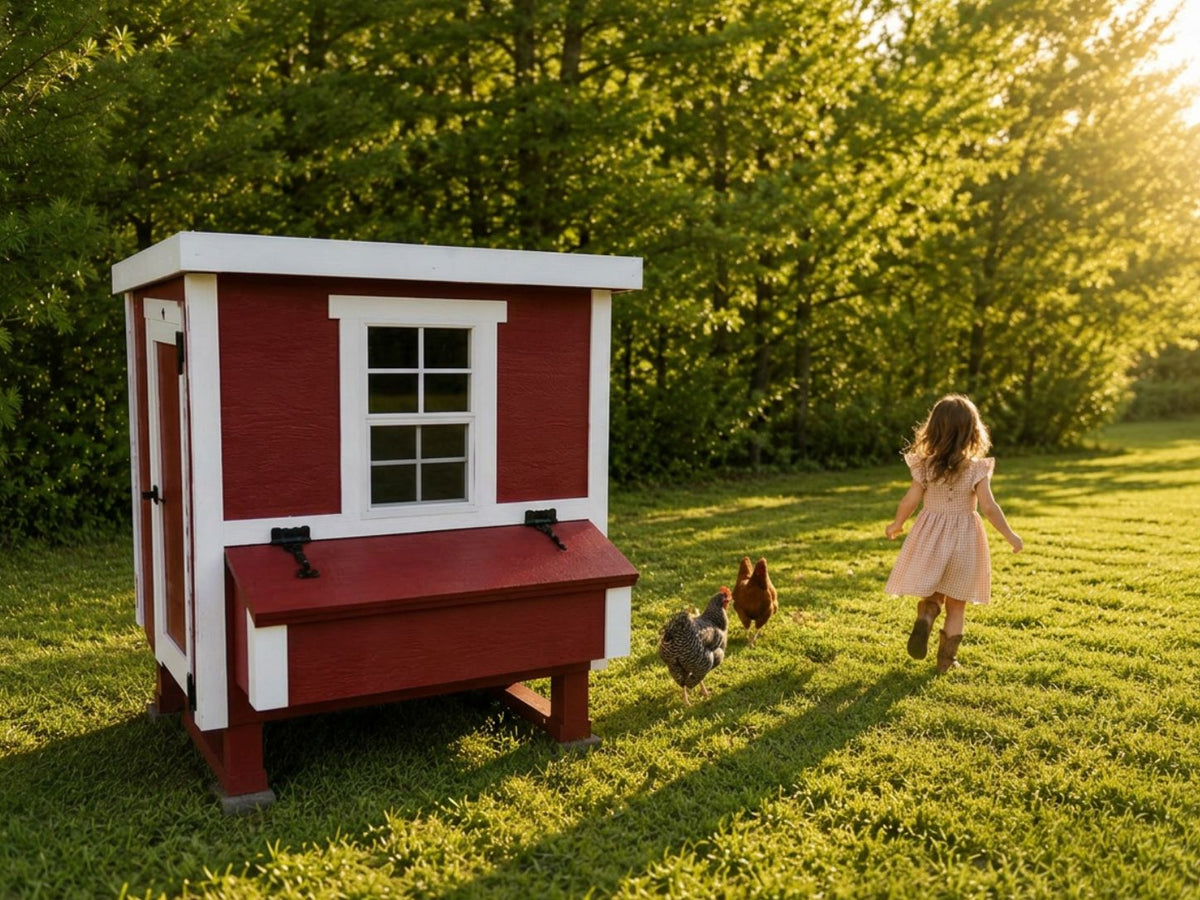 Red medium chicken coop with white trim, with a girl and chickens in the yard