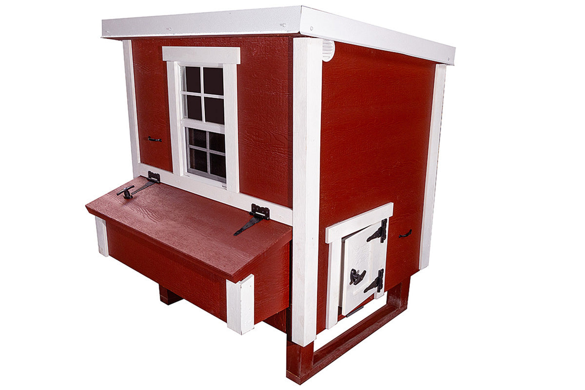 Red medium chicken coop with white trim, side view with external nesting box