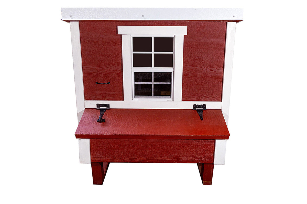 Red medium chicken coop with white trim, front view with nesting boxes